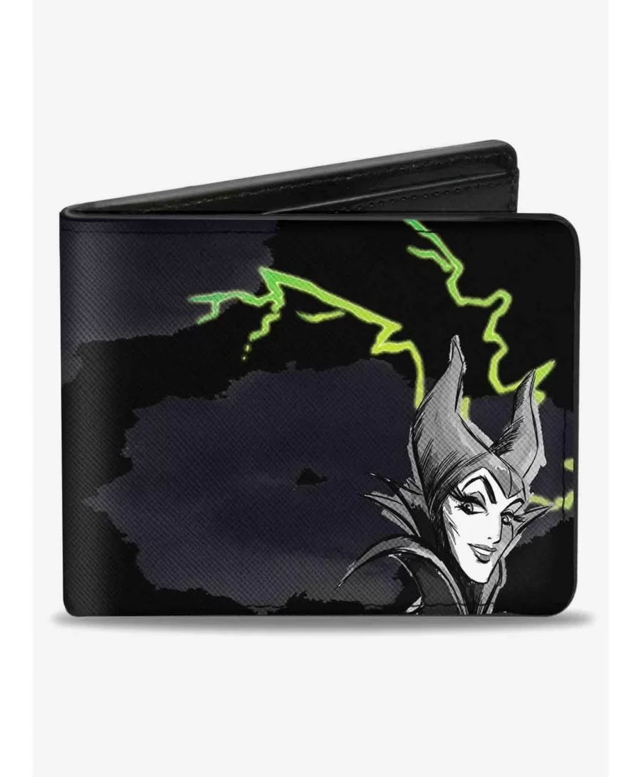 Big Sale Disney Maleficent Smiling Sketch Lightning Clouds Bifold Wallet $7.94 Wallets