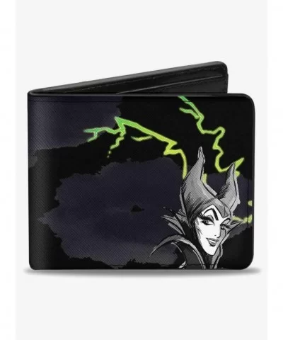 Big Sale Disney Maleficent Smiling Sketch Lightning Clouds Bifold Wallet $7.94 Wallets