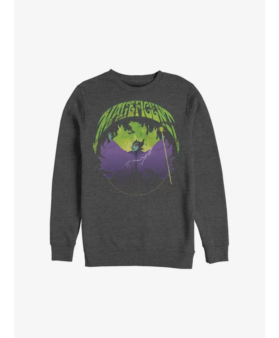 Bestselling Disney Maleficent Maleficent Castle Flame Outline Crew Sweatshirt $12.69 Sweatshirts